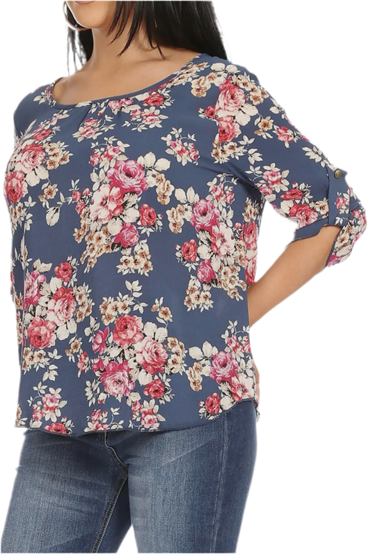 Women's Elegant Floral Casual Blouse Top (Slate Blue)