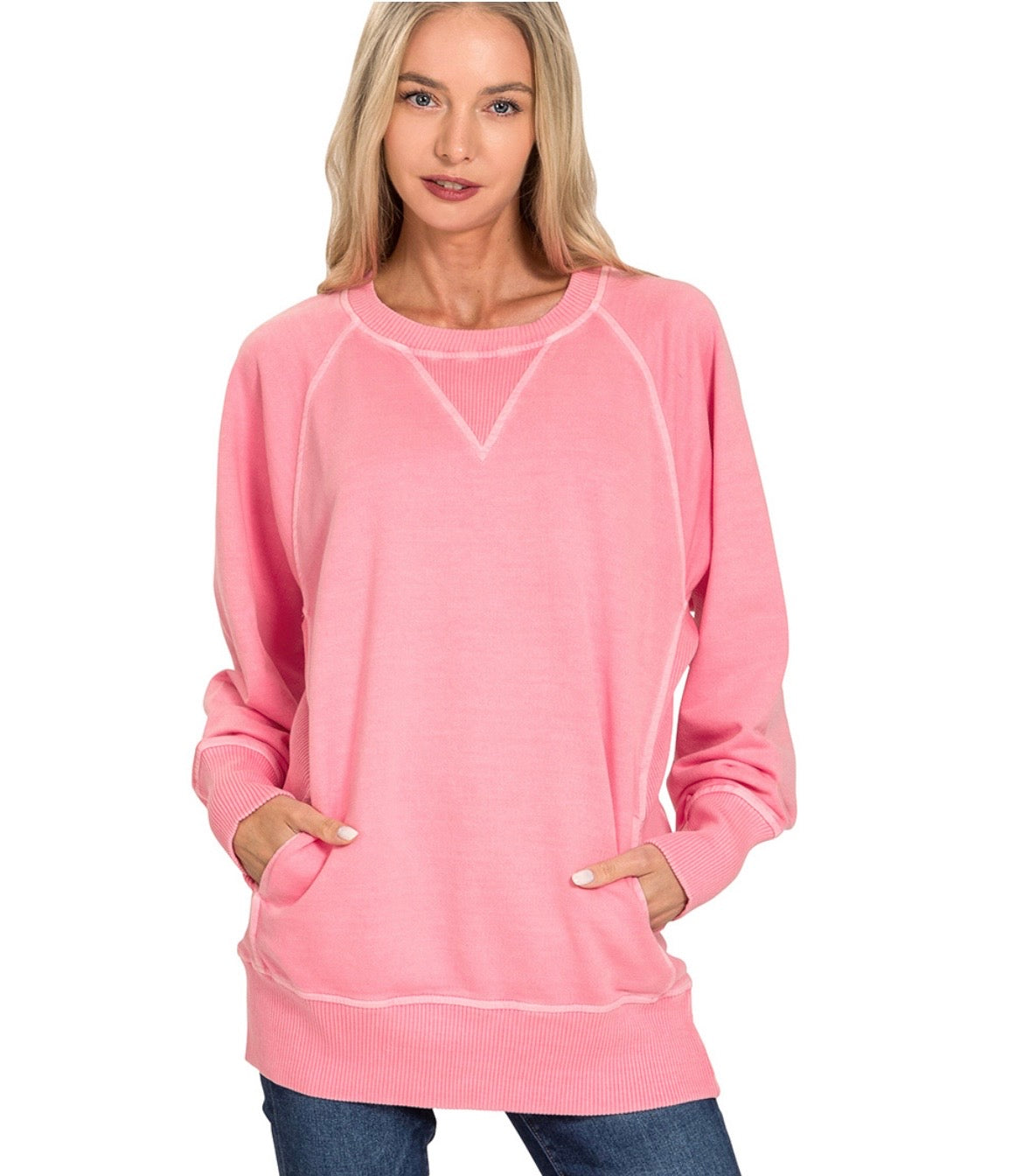 French Terry Pullover Sweatshirt With Pockets in Candy Pink by Zenana