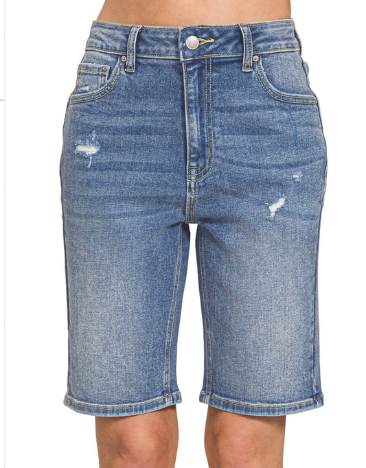 High waisted Distressed Bermuda Shorts by Zenana