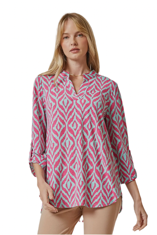 3/4 Sleeve Lizzy Medallion Wrinkle Free Blouse in Mint Pink by Dear Scarlett