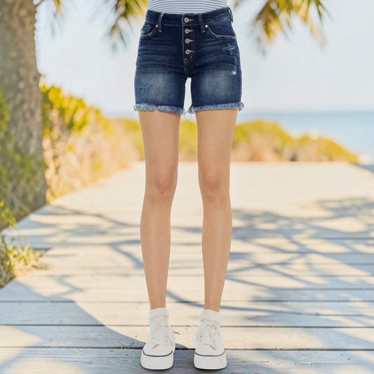 Mid Rise Button Up Dark Stone Washed Denim Shorts by Kan Can