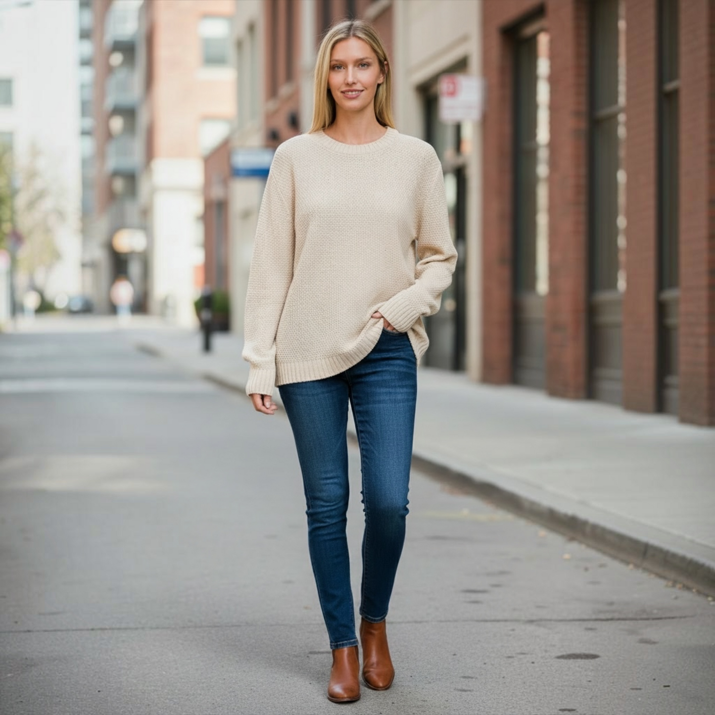 Round Neck Basic Sweater in Sand Beige