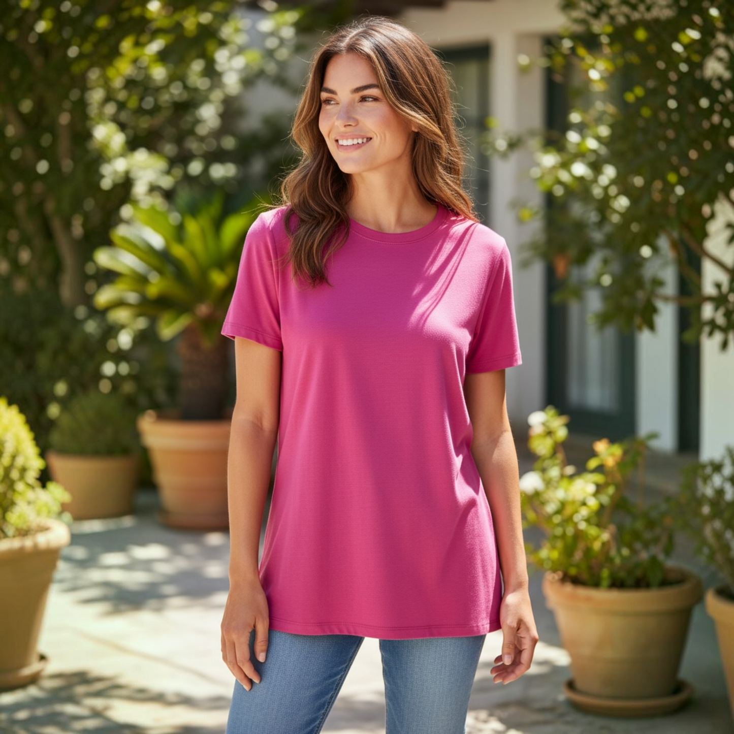 Short Sleeve Round Neck T-Shirt (Hot Pink) by Zenana