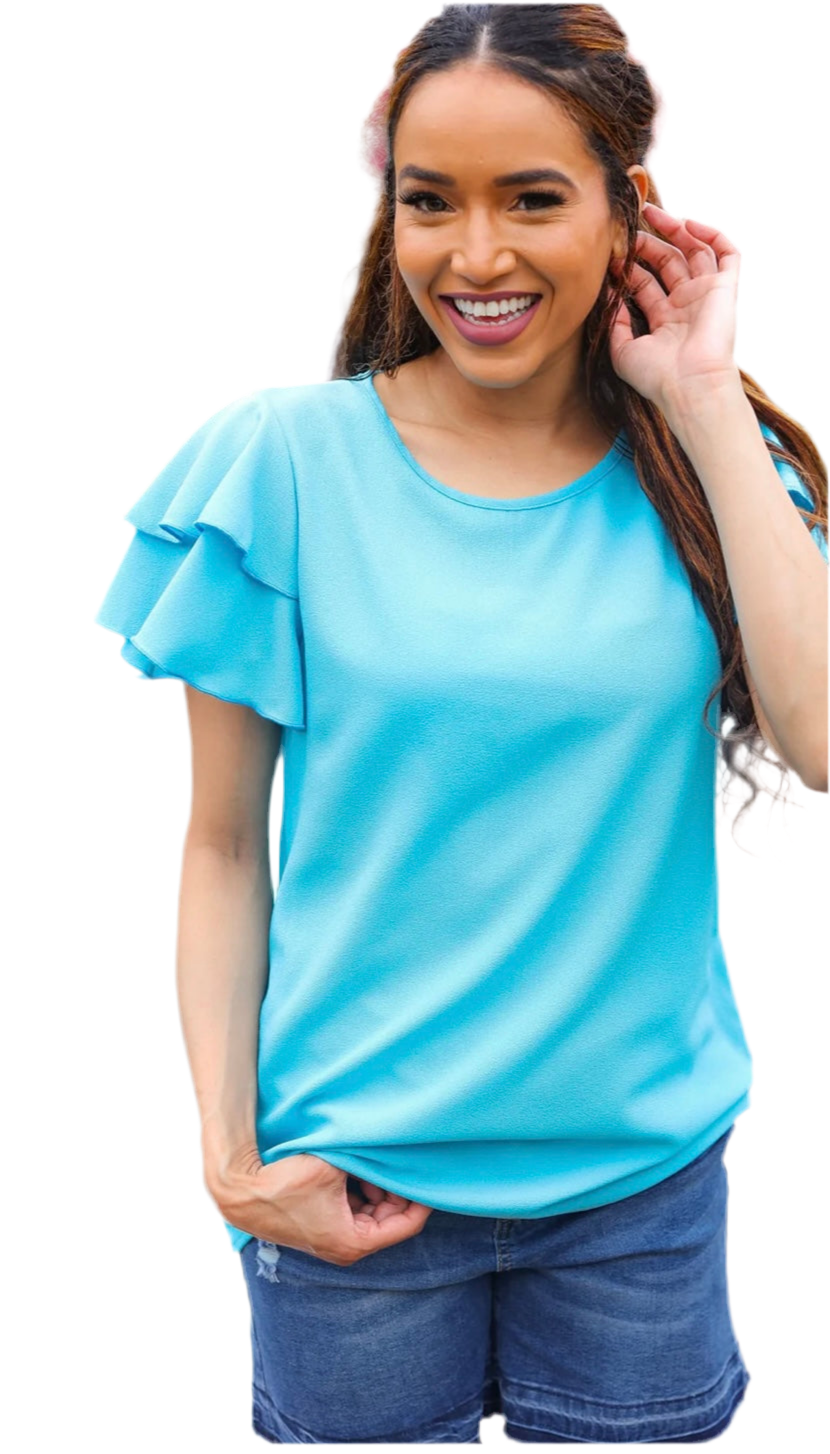 Double Ruffle Short Sleeve Top in Blue