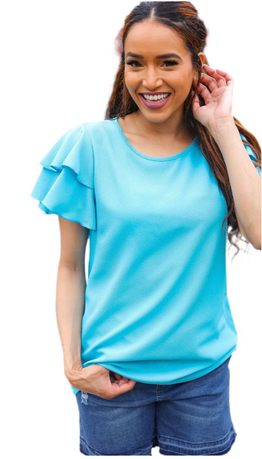 Double Ruffle Short Sleeve Top in Blue