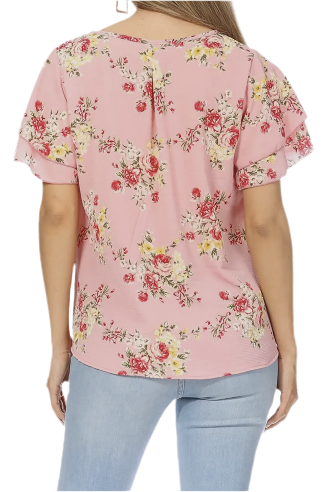 Women's Casual Floral Print Short Sleeve Blouse Top (Floral Pink)