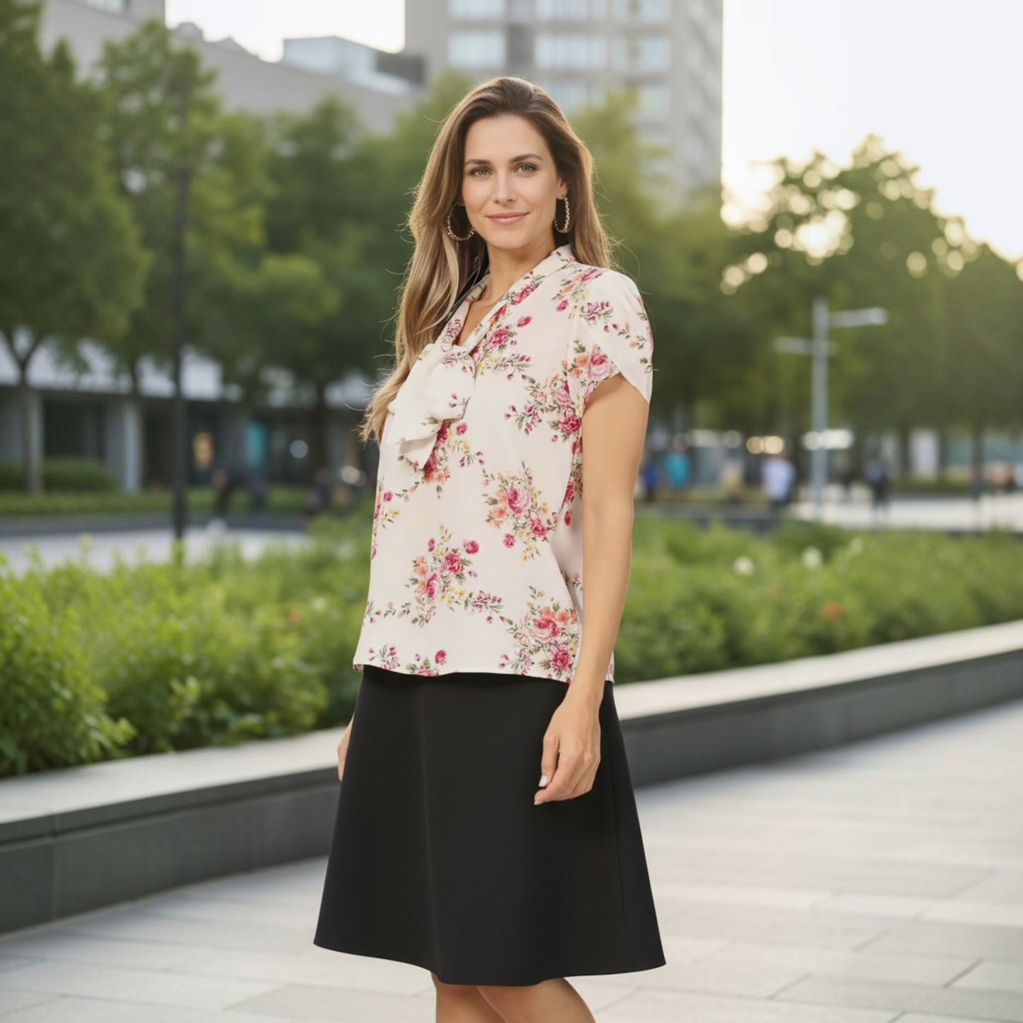 Women’s Casual Floral Bow Tie Neck Short Sleeve Blouse