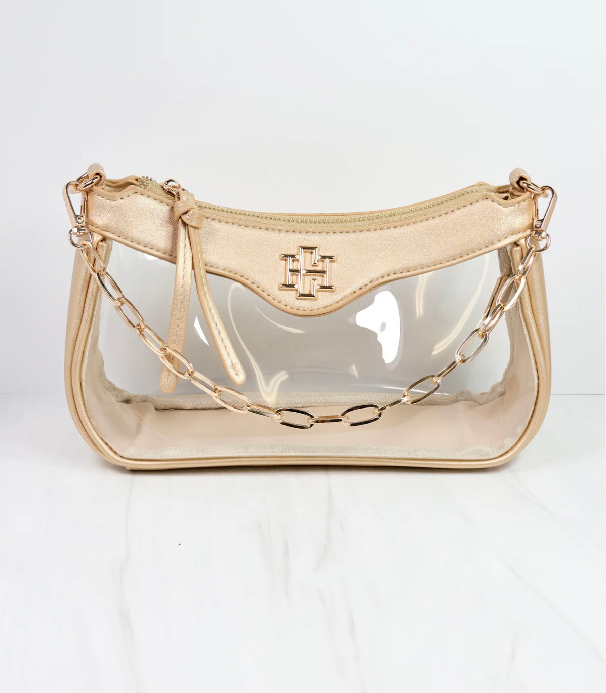 The Cassidy Clear Crossbody Handbag in Gold by Caroline Hill