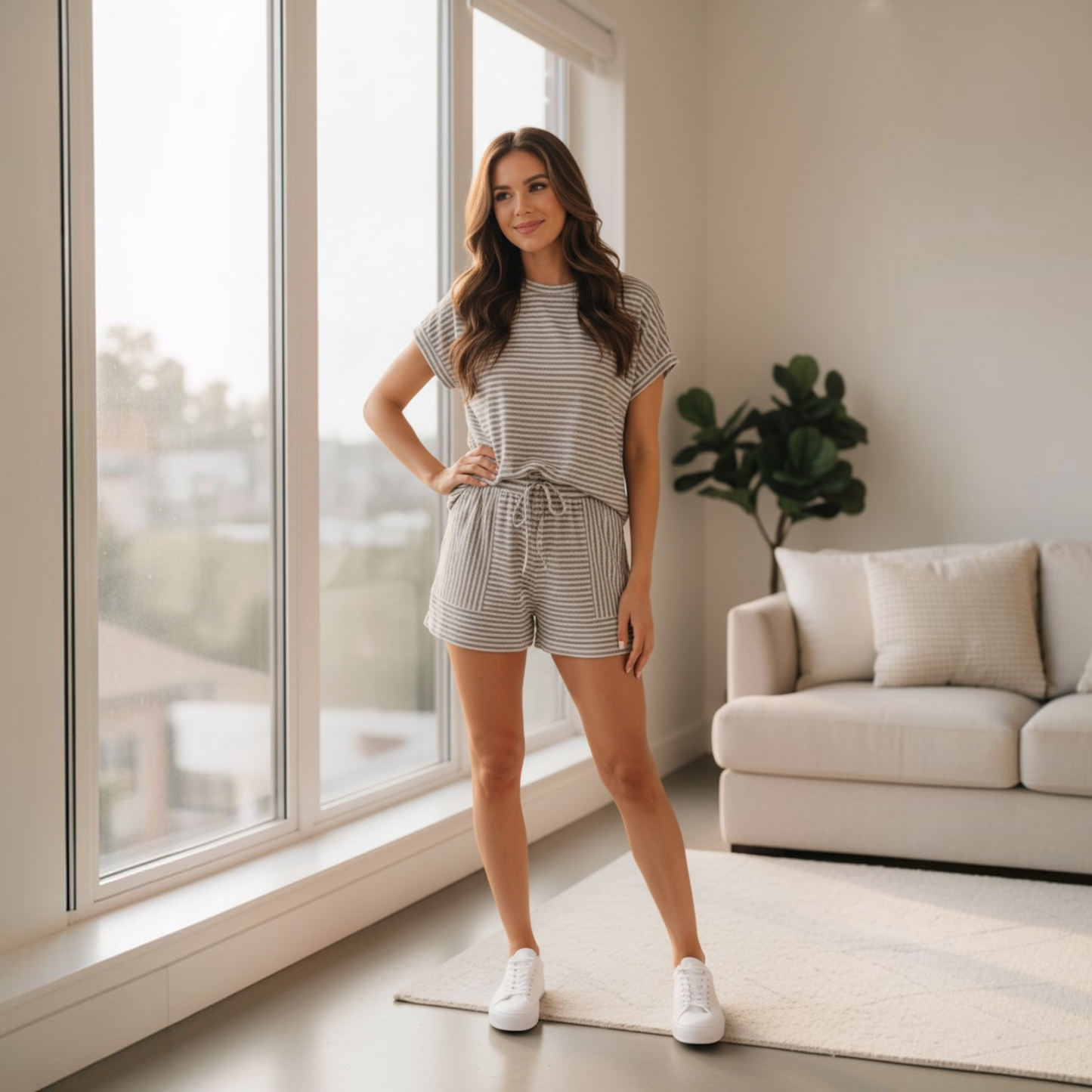 Brown Stripe Textured Knit Short Set