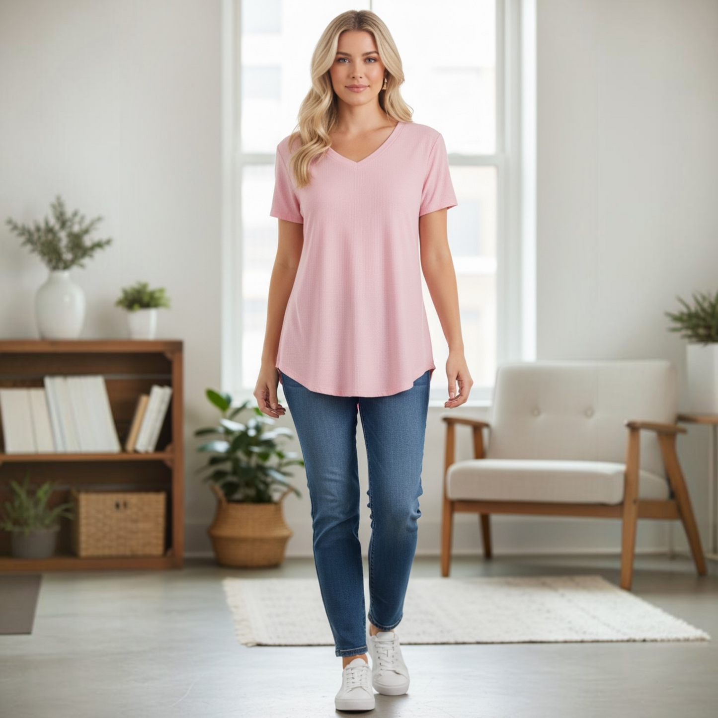 Short Sleeve V Neck Solid Top in Pink