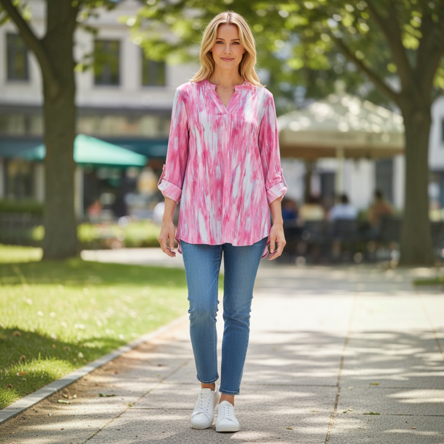 3/4 Sleeve Lizzy Medallion Wrinkle Free Blouse in Pink Multi by Dear Scarlett