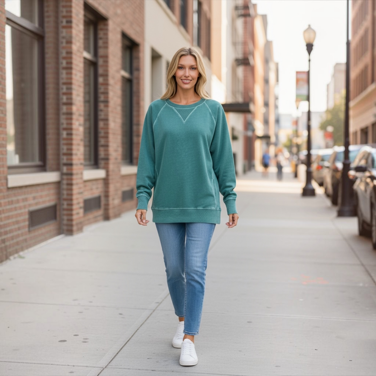 French Terry Pullover Sweatshirt With Pockets In Teal by Zenana