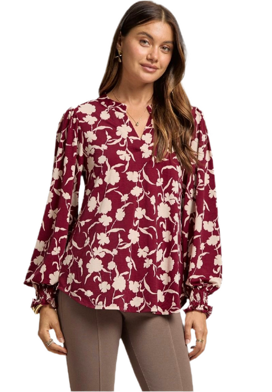 Lizzy Smocked Long Sleeve Top in Wine by Dear Scarlett