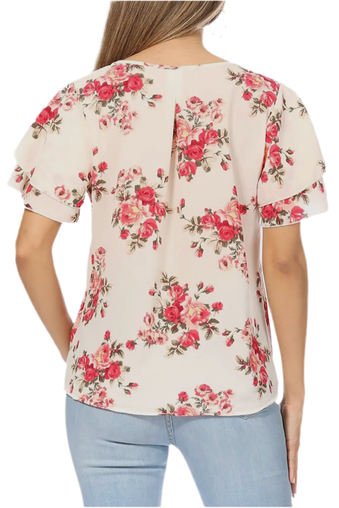 Women's Casual Floral Print Short Sleeve Blouse Top (Floral Ivory)