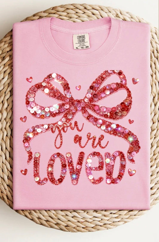 You Are Loved Faux Sequin T-Shirt (Blossom/Light Pink )