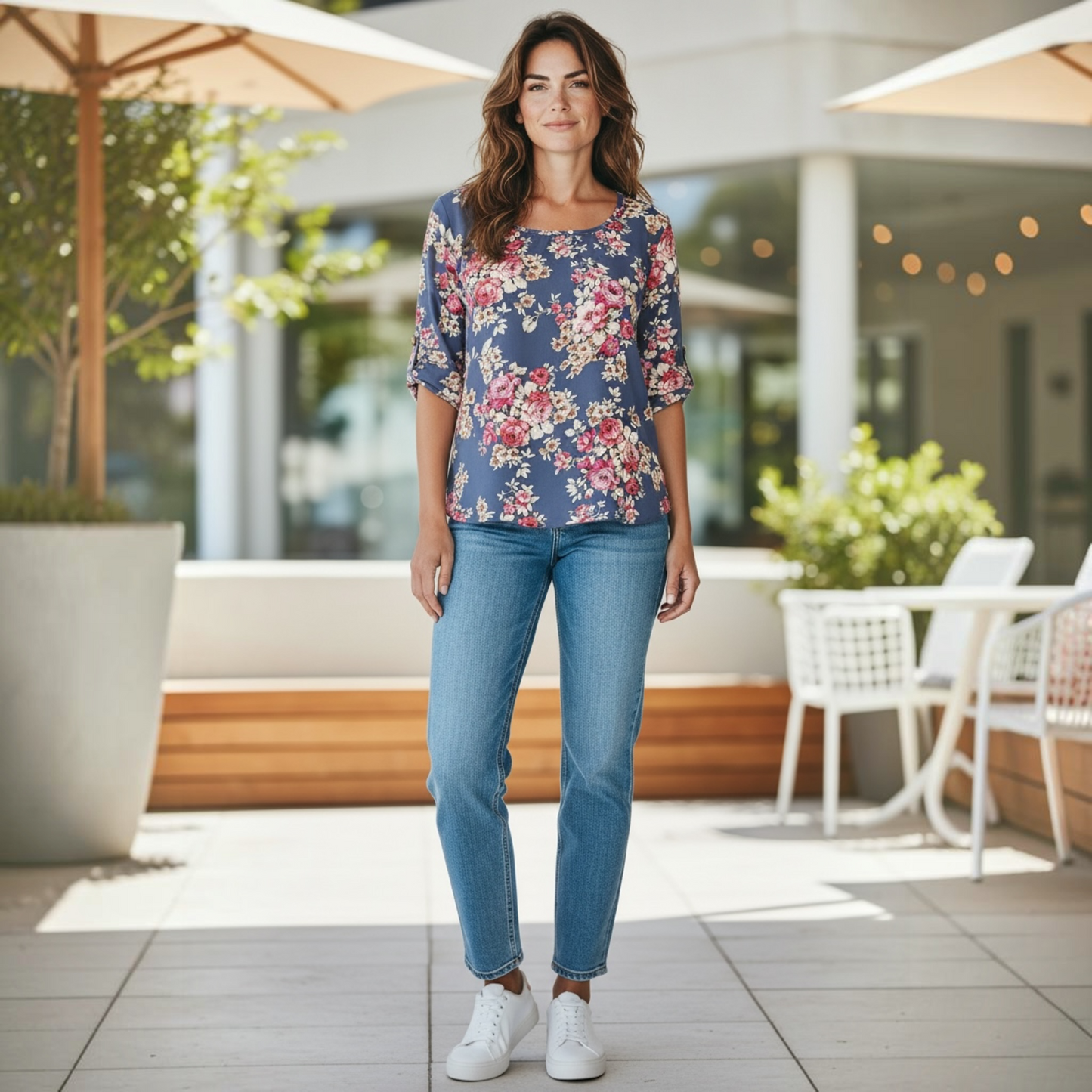 Women's Elegant Floral Casual Blouse Top (Slate Blue)