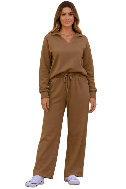 Brown V Neck High Waist Pants Set